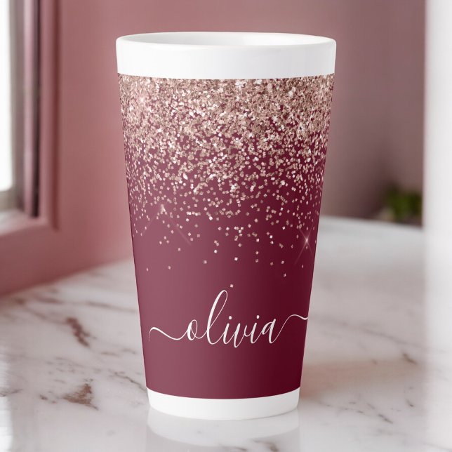 Burgundy Rose Gold Blush Pink Glitter Monogram Latte Mug (Creator Uploaded)