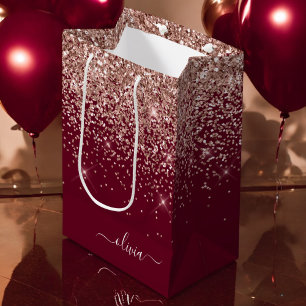 Burgundy Rose Gold Blush Pink Glitter Monogram Medium Gift Bag