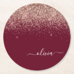 Burgundy Rose Gold Blush Pink Glitter Monogram Round Paper Coaster<br><div class="desc">Burgundy and Rose Gold - Blush Pink Sparkle Glitter Script Monogram Name Paper Coasters. This makes the perfect graduation,  birthday,  wedding,  bridal shower,  anniversary,  baby shower or bachelorette party gift for someone that loves glam luxury and chic styles.</div>