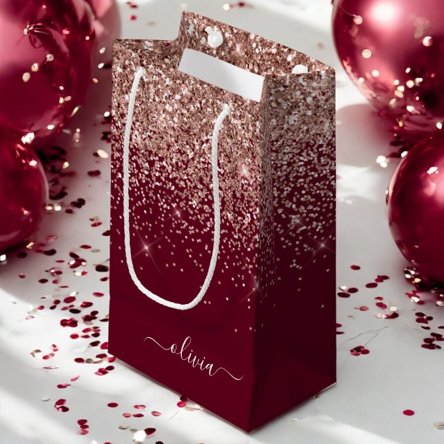 Burgundy Rose Gold Blush Pink Glitter Monogram Small Gift Bag (Creator Uploaded)