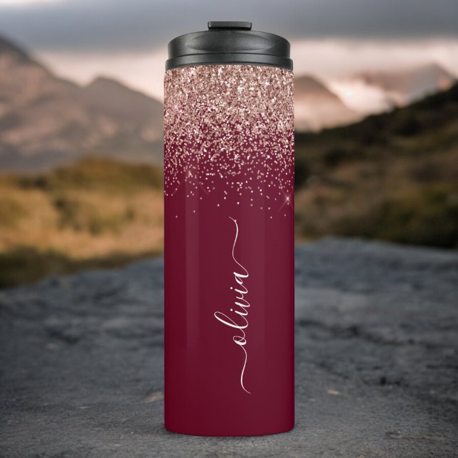 Burgundy Rose Gold Blush Pink Glitter Monogram Thermal Tumbler (Creator Uploaded)