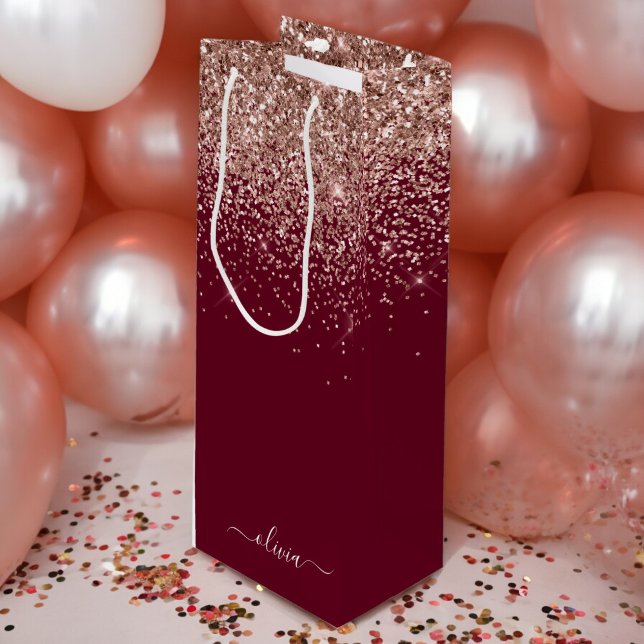 Burgundy Rose Gold Blush Pink Glitter Monogram Wine Gift Bag (Creator Uploaded)