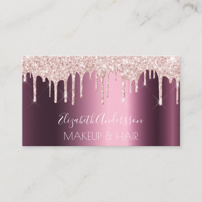 Burgundy rose gold drips makeup hair business card (Front)