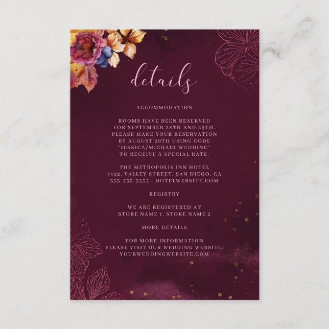 Burgundy Rose Gold Fall Bouquet Wedding Details Enclosure Card (Front)