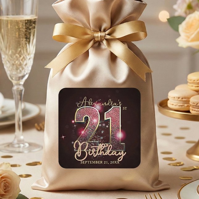 Burgundy Rose Gold Faux Glitter Glam 21st Birthday Square Sticker (Creator Uploaded)
