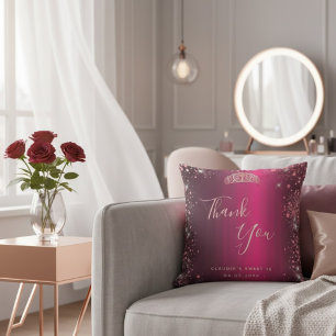 Burgundy Rose Gold Floral Sweet 16 Thank You Cushion