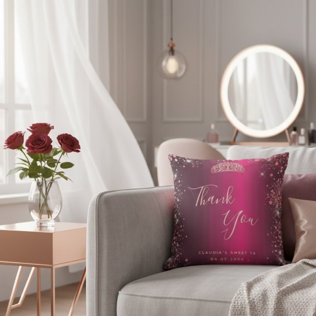 Burgundy Rose Gold Floral Sweet 16 Thank You Cushion (Creator Uploaded)