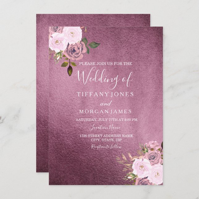 Burgundy & Rose Gold Floral Wedding Invite (Front/Back)