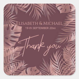 Burgundy rose gold foil tropical leaves thank you square sticker