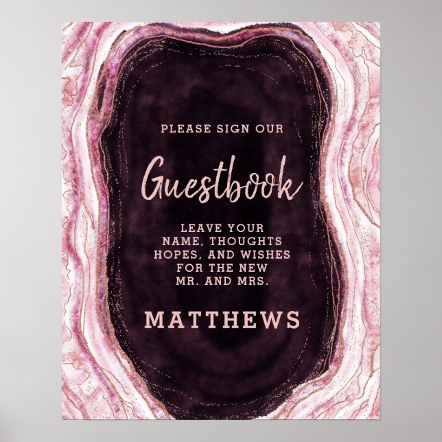 Burgundy & Rose Gold Geode Agate Guestbook Sign (Front)