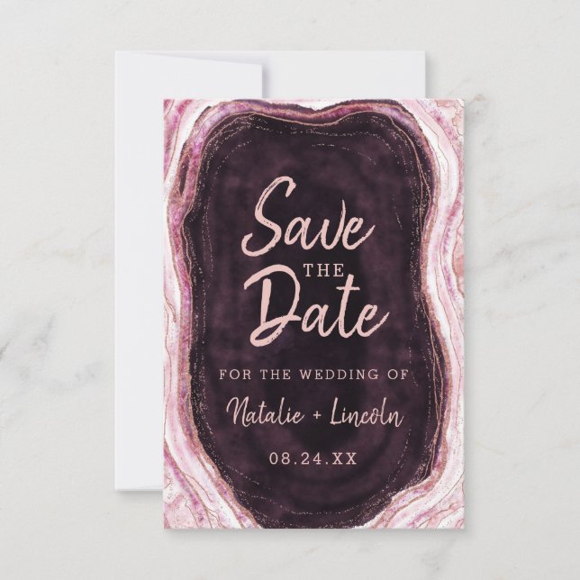 Burgundy & Rose Gold Geode Agate Marble Modern Save The Date (Front)