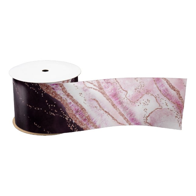 Burgundy & Rose Gold Geode Agate Marble Wedding Satin Ribbon (Spool)