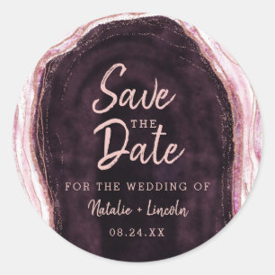 Burgundy & Rose Gold Geode Agate Save the Date Classic Round Sticker