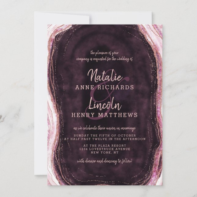 Burgundy & Rose Gold Geode Agate Slice Wedding Invitation (Front)