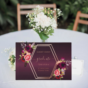 Burgundy rose gold geometric florals Graduation Guest Book