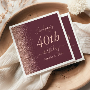 Burgundy Rose Gold Glitter 40th Birthday Party Napkin