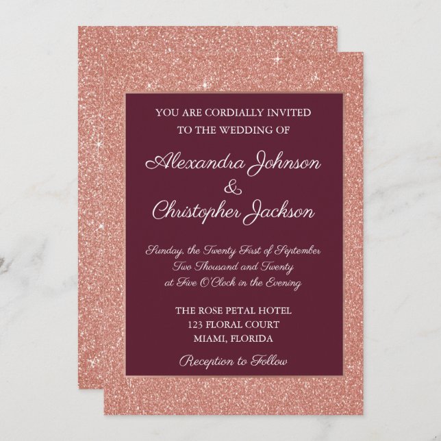 Burgundy & Rose Gold Glitter and Sparkle Wedding Invitation (Front/Back)
