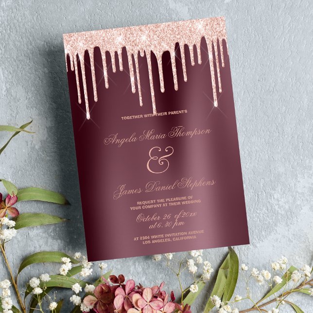 Burgundy rose gold glitter drips glamourous weddin invitation (Burgundy rose gold glitter drips glamorous wedding)