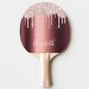 Burgundy rose gold glitter drips name glamourous ping pong paddle