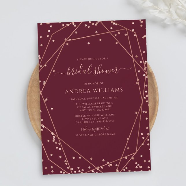 Burgundy Rose Gold Glitter Geometric Bridal Shower Invitation (Creator Uploaded)