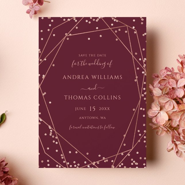 Burgundy Rose Gold Glitter Geometric Wedding Save The Date (Creator Uploaded)