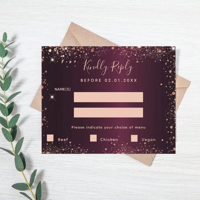 Burgundy rose gold glitter menu meals RSVP (Creator Uploaded)