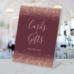 Burgundy Rose Gold Glitter Wedding Cards and Gifts Pedestal Sign