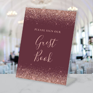 Burgundy Rose Gold Glitter Wedding Guest Book Pedestal Sign