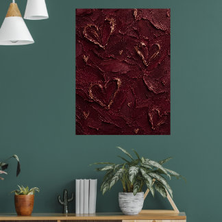 Burgundy & Rose Gold Heart Textured Abstract Poster
