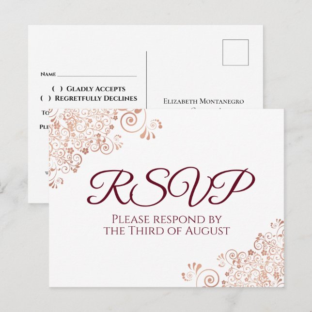 Burgundy & Rose Gold Lace White Wedding RSVP Postcard (Front/Back)