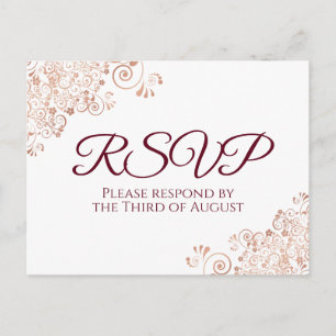 Burgundy & Rose Gold Lace White Wedding RSVP Postcard
