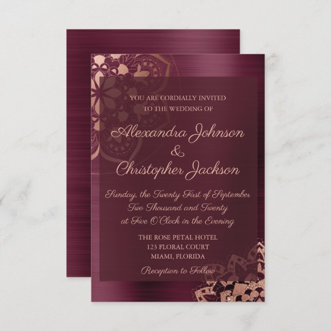 Burgundy & Rose Gold Mandala Wedding Invitation (Front/Back)