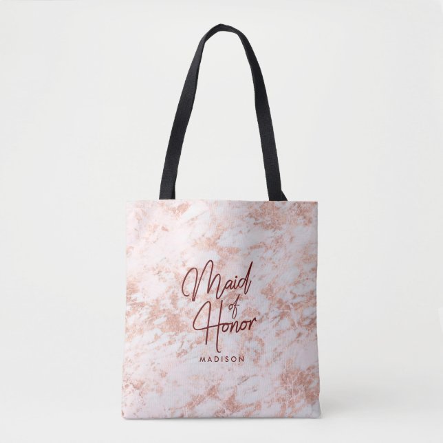Burgundy & Rose Gold Marble Maid of Honour Monogra Tote Bag (Front)