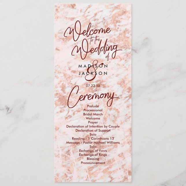 Burgundy & Rose Gold Marbled Wedding Program Programme (Front)