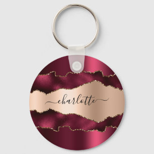 Burgundy rose gold metal agate marble name script key ring