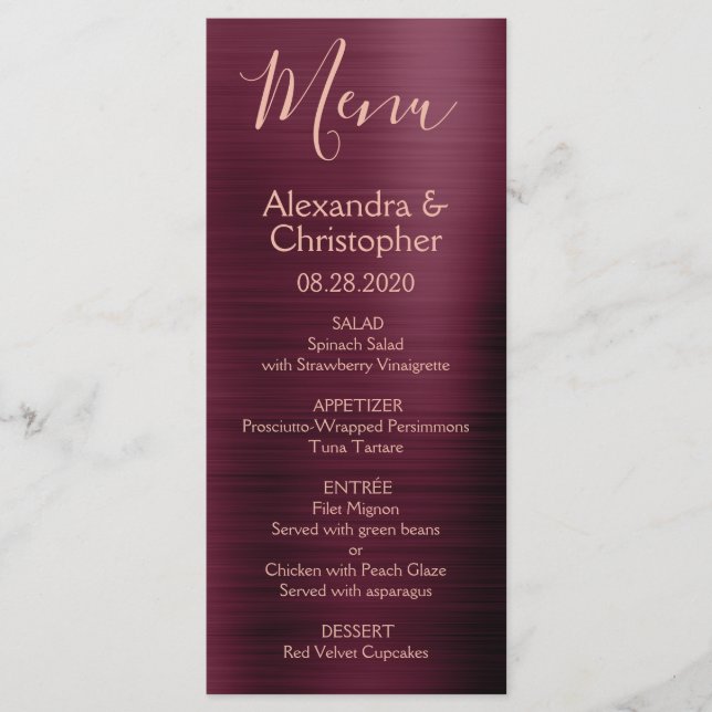 Burgundy Rose Gold Modern and Elegant Wedding Menu (Front)