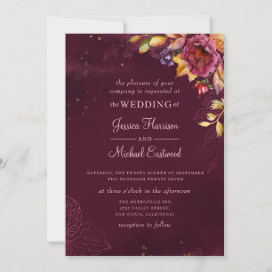 Burgundy Rose Gold Monogram Floral Fall Wedding Invitation