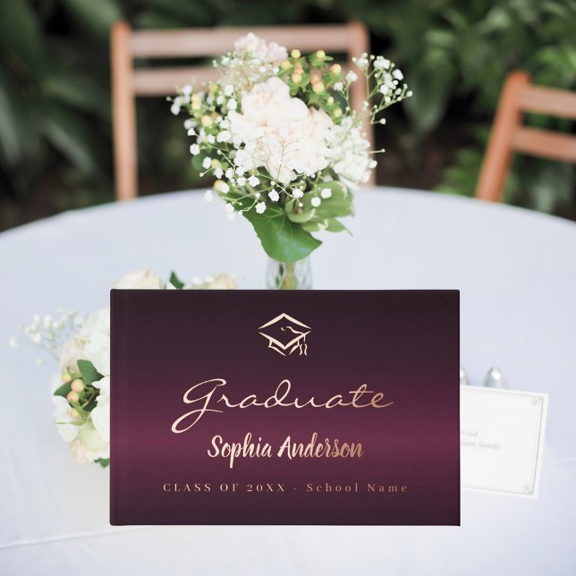 Burgundy rose gold name script cap Graduation Guest Book (Creator Uploaded)