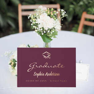 Burgundy rose gold name script cap Graduation Guest Book