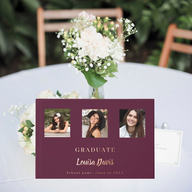 Burgundy rose gold name script photo Graduation Guest Book (Creator Uploaded)