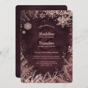 Burgundy & Rose Gold Snowflakes Holiday Wedding Invitation