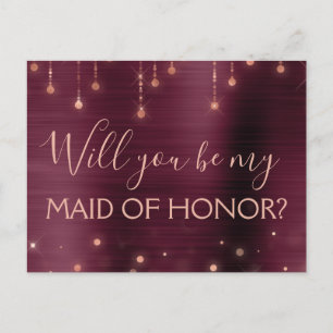 Burgundy Rose Gold  Sparkle Maid of Honour Invitation Postcard