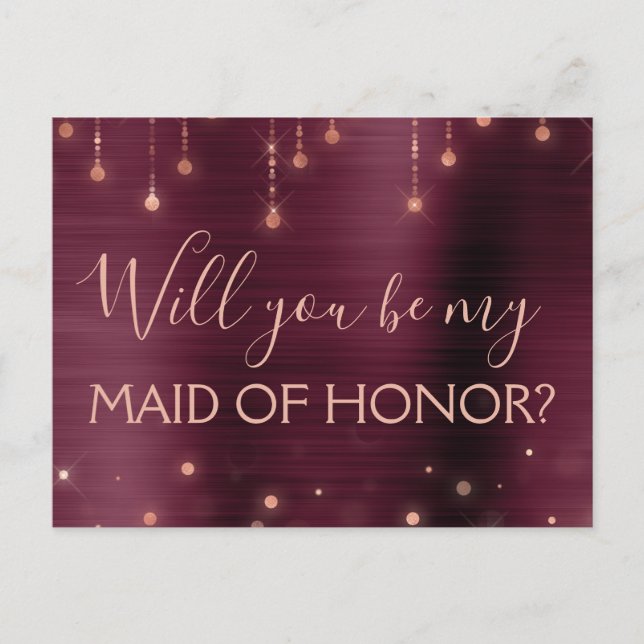 Burgundy Rose Gold  Sparkle Maid of Honour Invitation Postcard (Front)