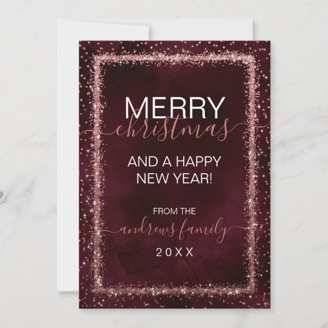 Burgundy Rose Gold Sprinkled Confetti Christmas Holiday Card (Front)