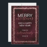 Burgundy Rose Gold Sprinkled Confetti Christmas Holiday Card<br><div class="desc">The elegant, glamorous, and modern holiday Christmas greeting card is perfect for the contemporary and stylish event. It features a faux printed pink rose gold sparkly glitter sprinkled confetti border on top of an artsy burgundy red watercolor background. The back displays the same glitter but sprinkled across the whole page...</div>