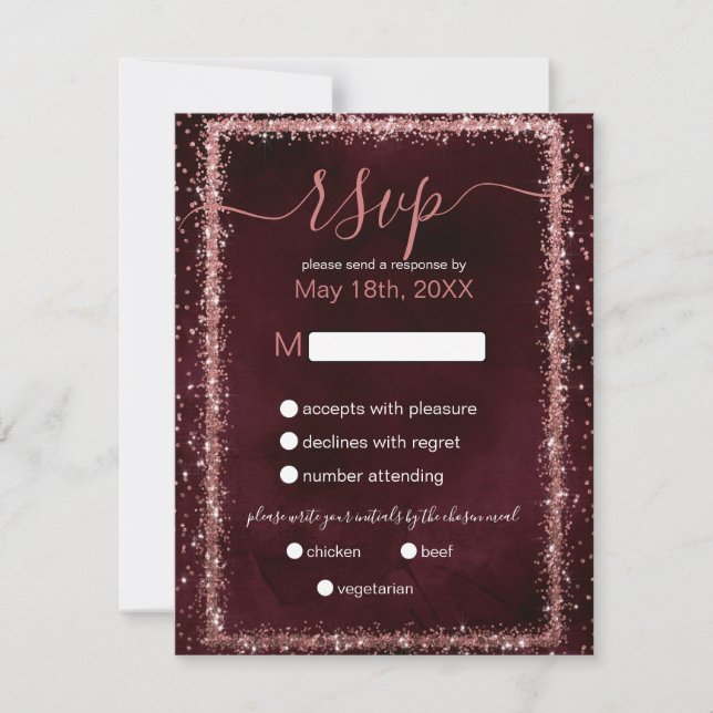 Burgundy Rose Gold Sprinkled Confetti Wedding RSVP Card (Front)