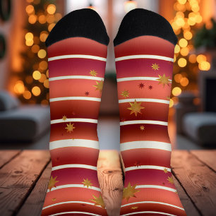 Burgundy Rose Gold Striped Stars Socks
