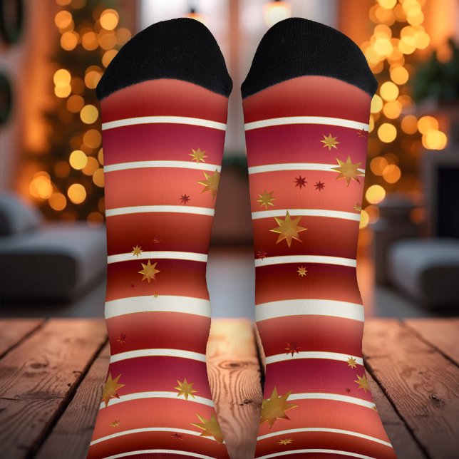 Burgundy Rose Gold Striped Stars Socks (Christmas socks in burgundy and ivory colors with tiny rose gold lines and stars)