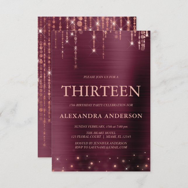 Burgundy Rose Gold Thirteen 13th Birthday Party Invitation (Front/Back)
