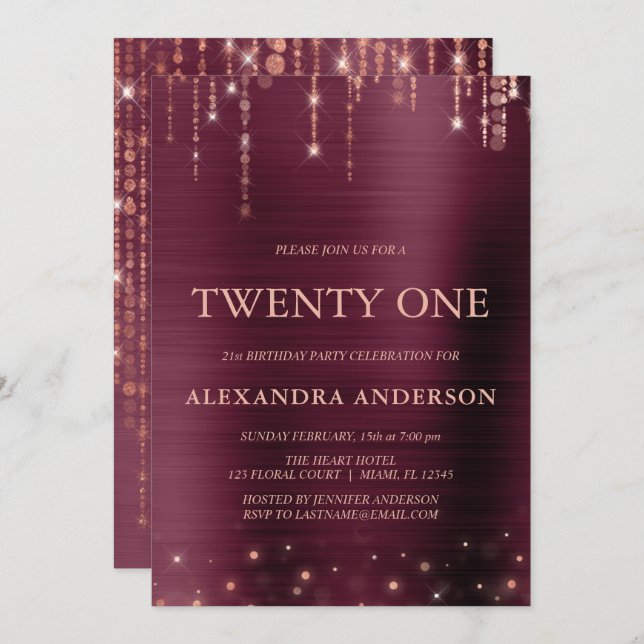 Burgundy Rose Gold Twenty One 21st Birthday Party Invitation (Front/Back)